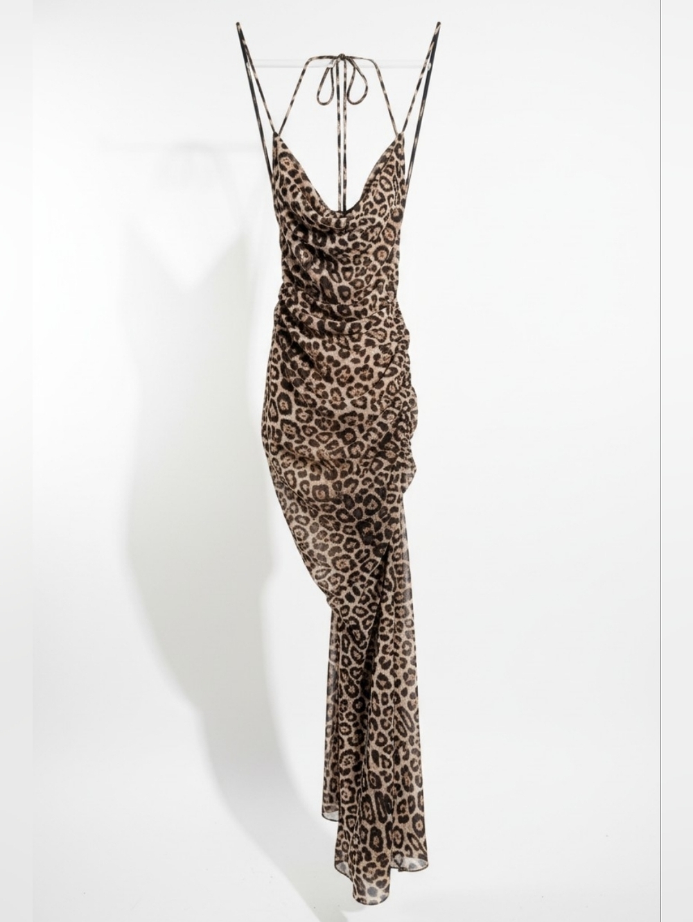 Fashion Nova Leopard Mesh Maxi Dress Medium Bodycon Halter Open Back High Slit - Picture 2 of 13